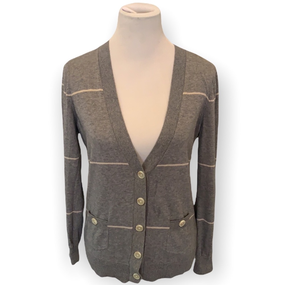 LL Bean cotton/cashmere/silk cardigan - grey, stripes